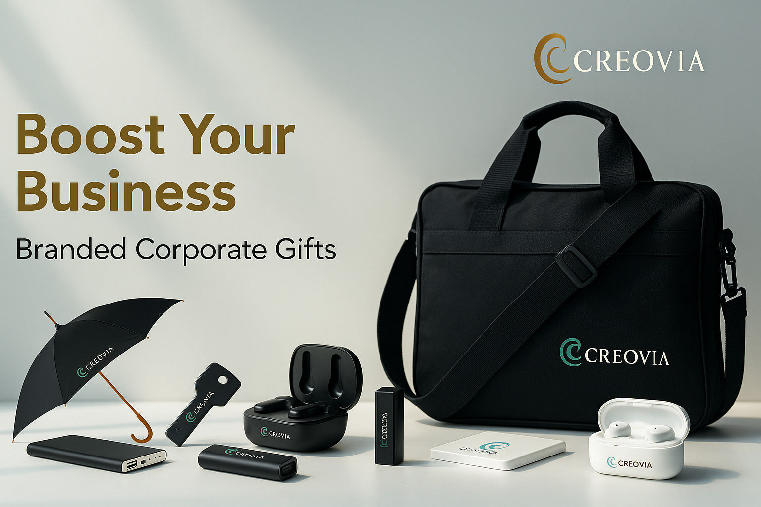 Collection of branded corporate gifts with Creovia logo on a light background